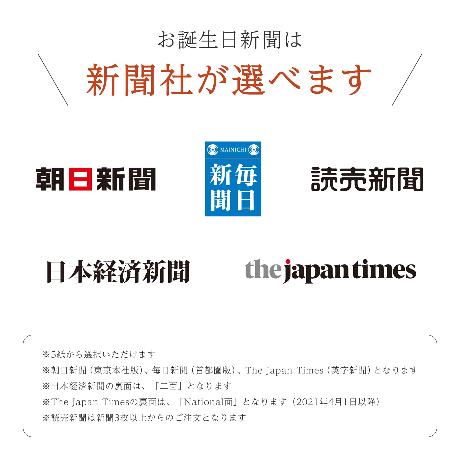 お誕生日新聞で選べる5つの新聞社のロゴ一覧。朝日新聞・毎日新聞・読売新聞・日本経済新聞・The Japan Times