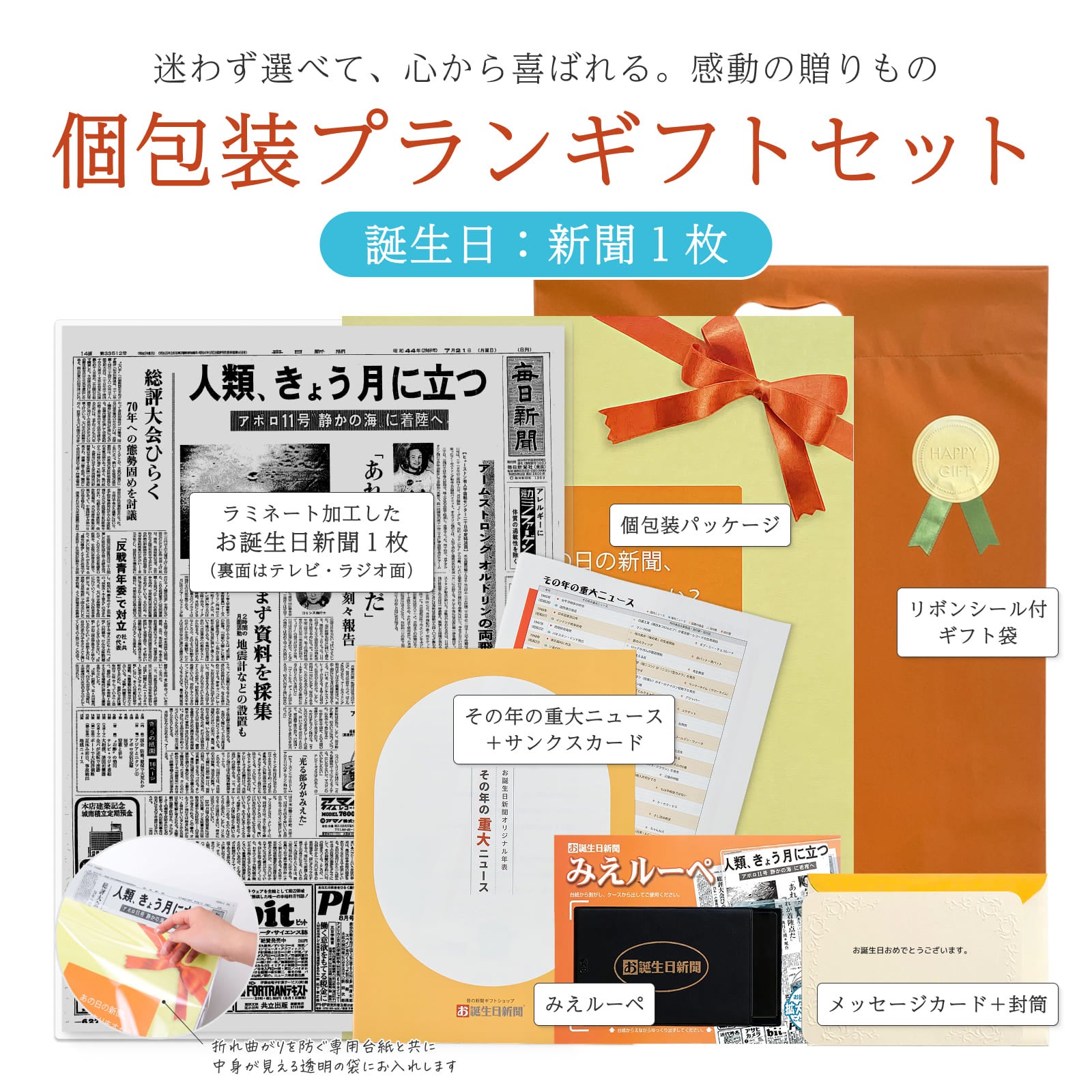 迷わず選べて心から喜ばれる 個包装プランギフトセット 誕生日：新聞1枚（ラミネート加工したお誕生日新聞・個包装パッケージ・リボンシール付きギフト袋・その年の重大ニュース＋サンクスカード・みえルーペ・メッセージカード＋封筒）