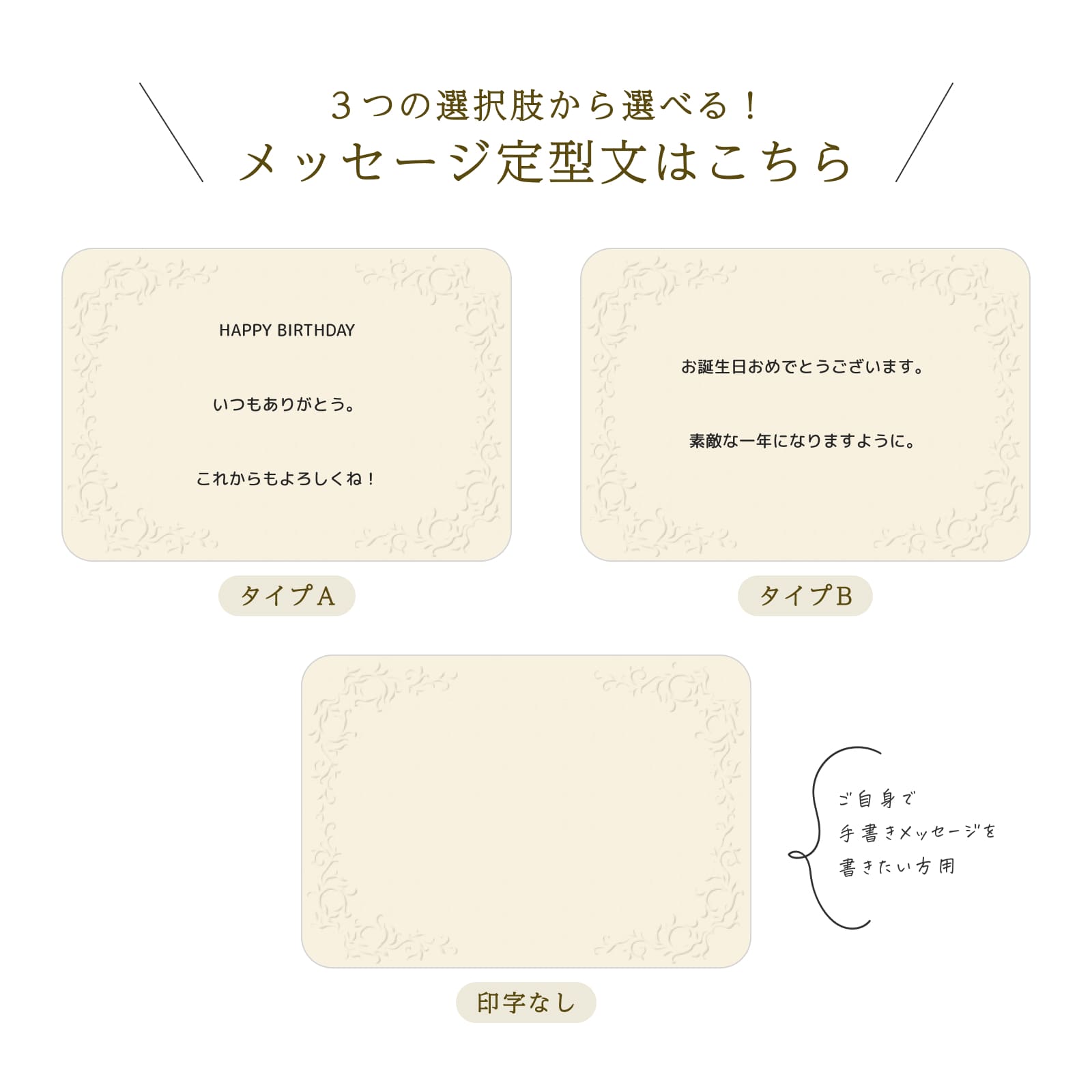3つの選択肢から選べるメッセージ定型文（タイプA・タイプB・印字なし）