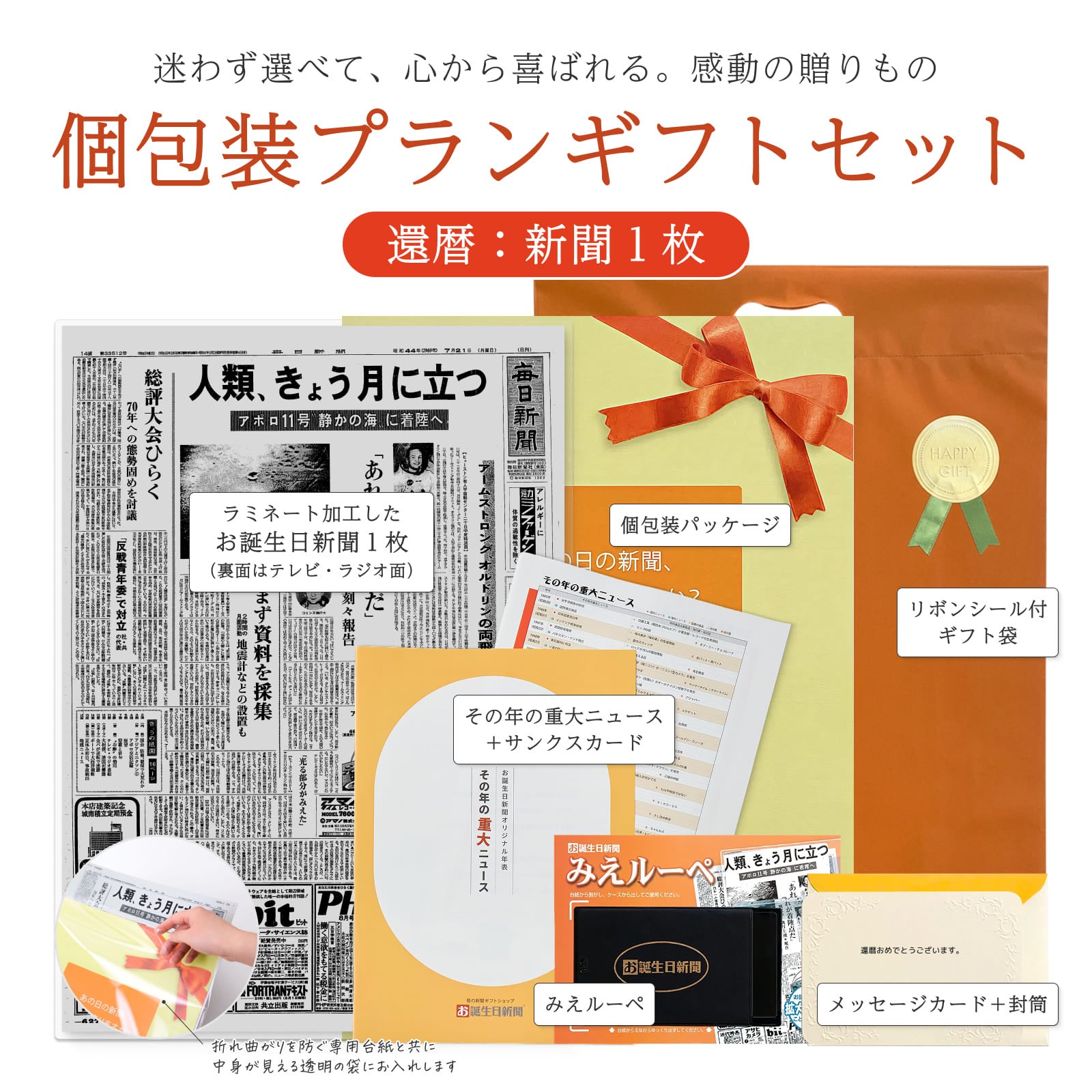 迷わず選べて心から喜ばれる 個包装プランギフトセット 還暦：新聞1枚