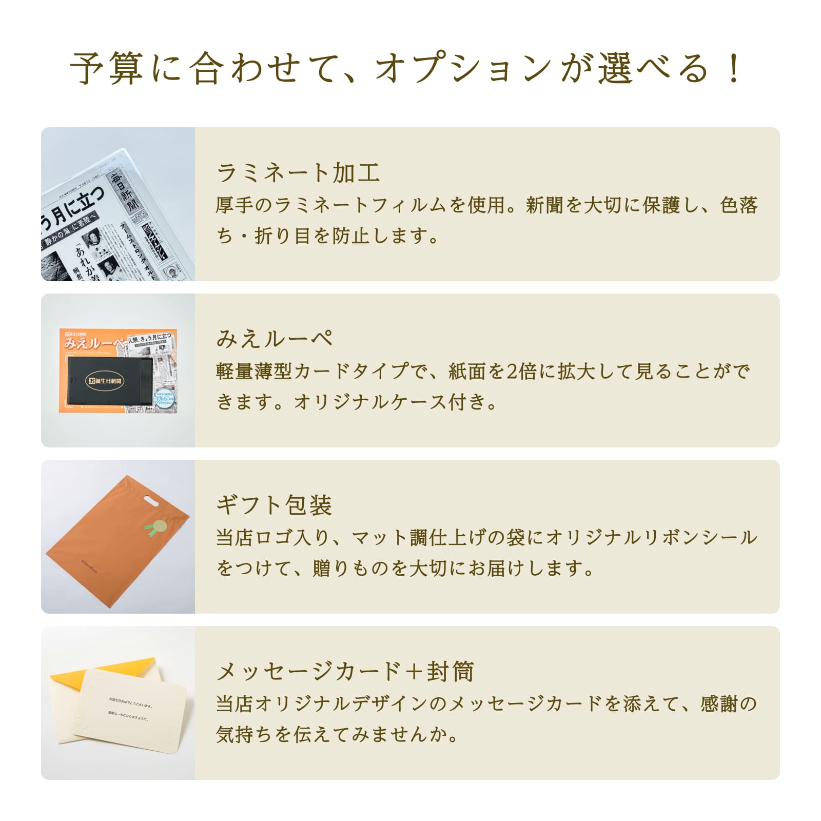 予算に合わせて、オプションが選べる！