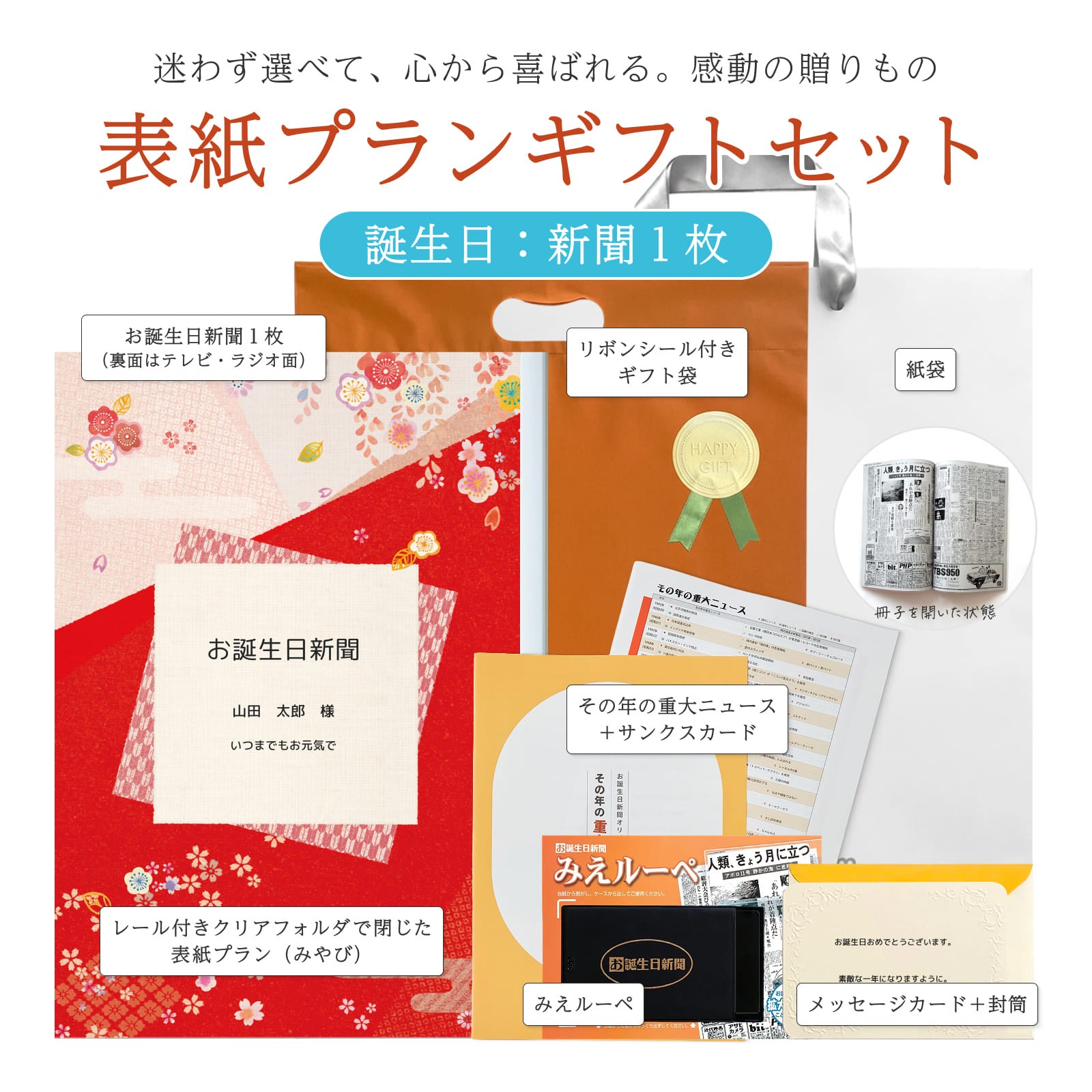 迷わず選べて心から喜ばれる 感動の贈りもの 表紙プランギフトセット 誕生日：新聞1枚（レール付きクリアフォルダで閉じた表紙プラン（みやび）・リボンシール付きギフト袋・紙袋・その年の重大ニュース＋サンクスカード・みえルーペ・メッセージカード＋封筒）
