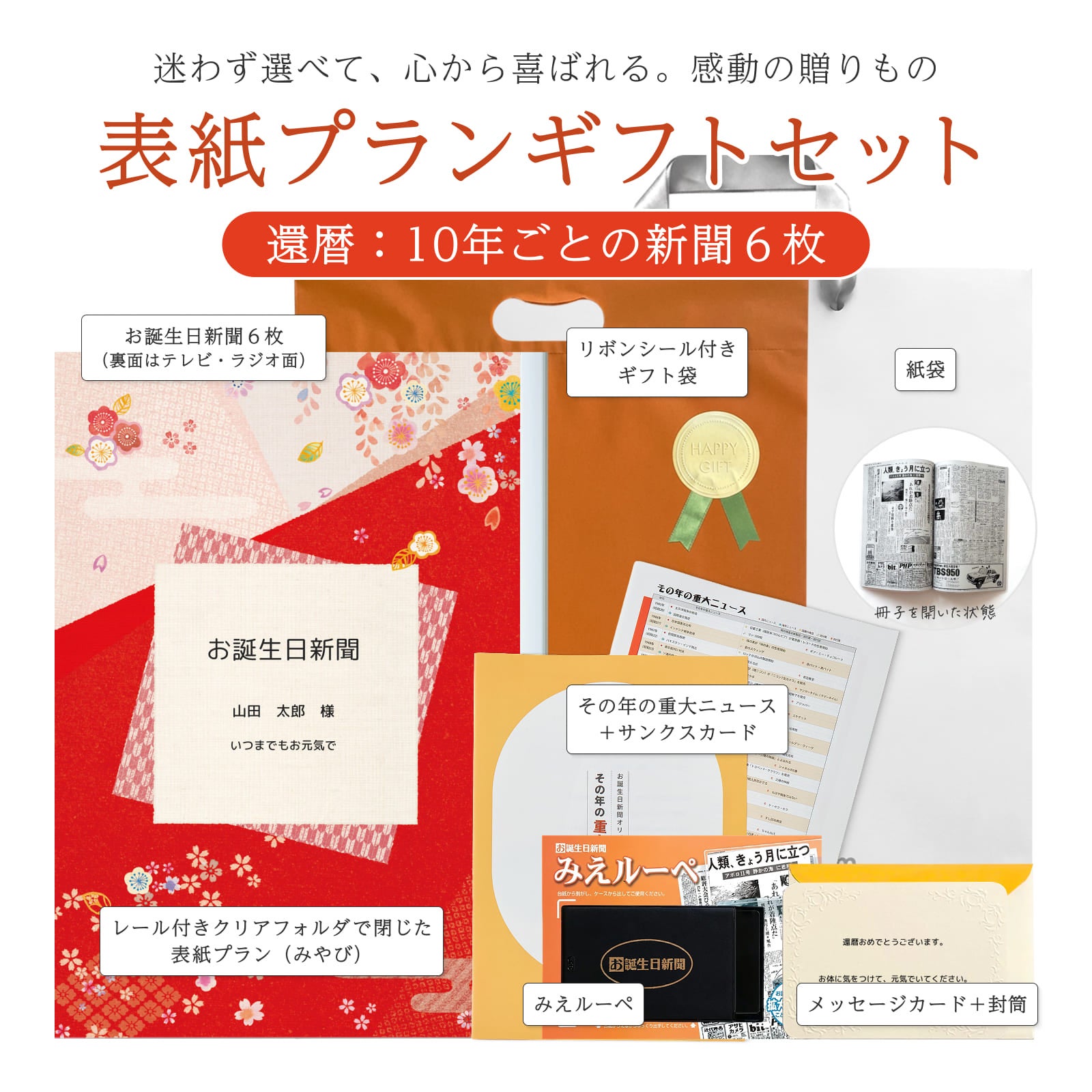 迷わず選べて心から喜ばれる 感動の贈りもの 表紙プランギフトセット 還暦：10年ごとの新聞6枚（レール付きクリアフォルダで閉じた表紙プラン（みやび）・リボンシール付きギフト袋・紙袋・その年の重大ニュース＋サンクスカード・みえルーペ・メッセージカード＋封筒）