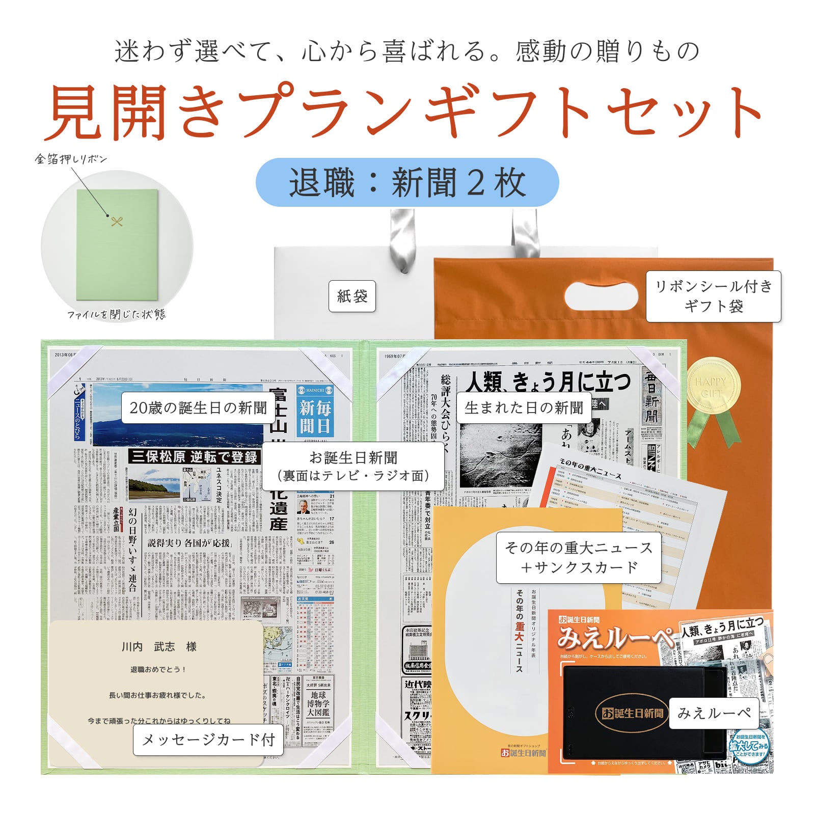 見開きプランギフトセット 退職：新聞2枚 セット内容一覧