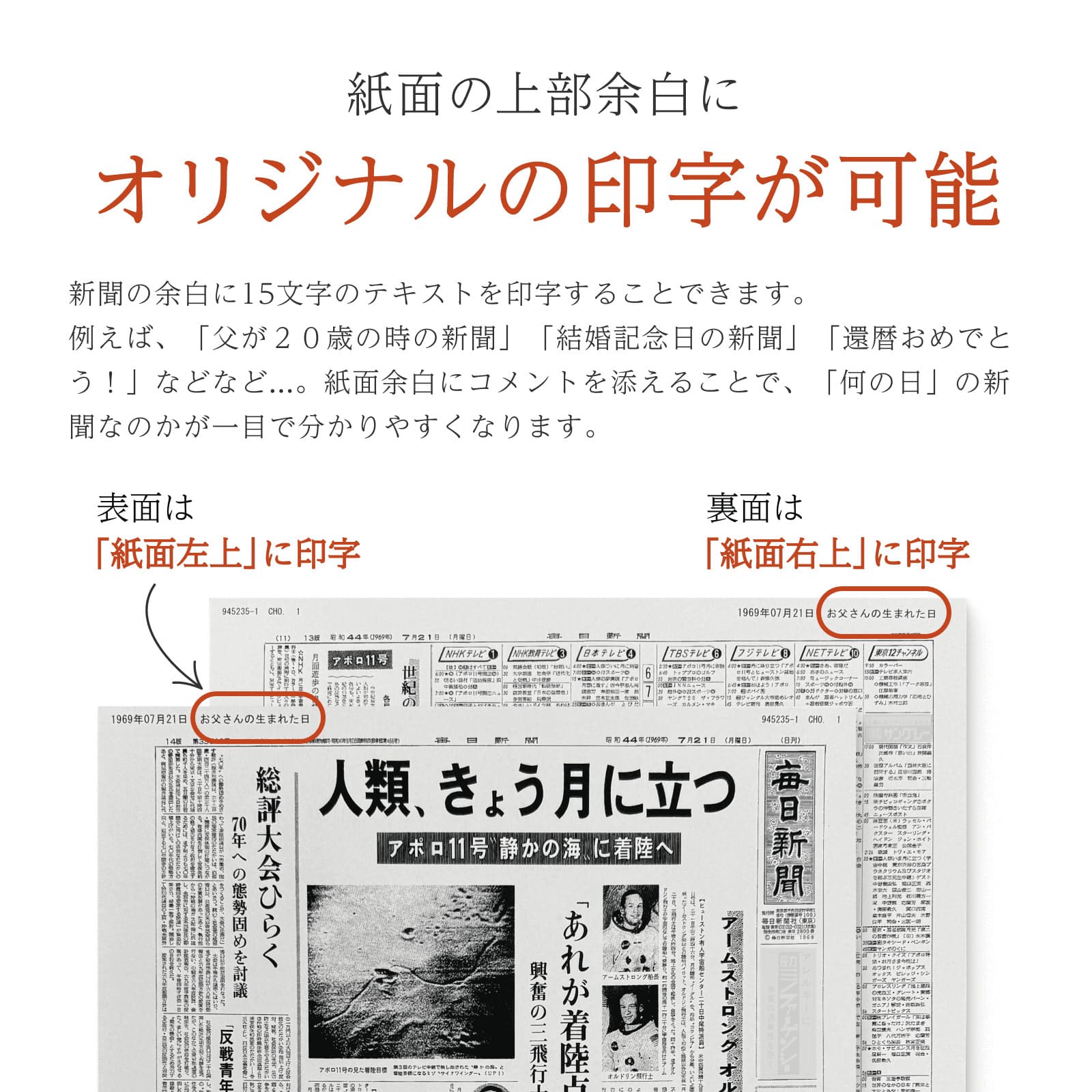 紙面の上部余白にオリジナルの印字が可能