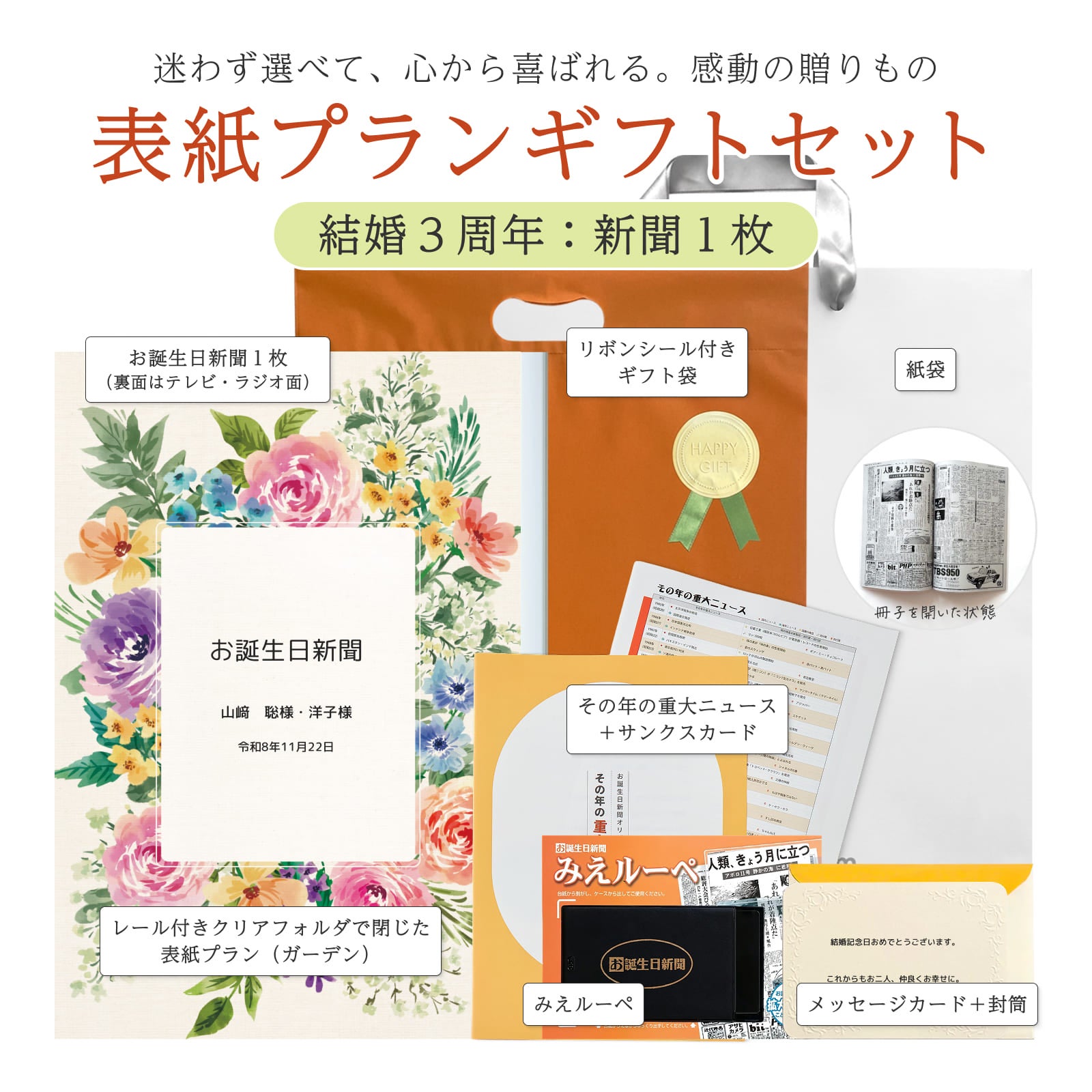 表紙プランギフトセット 結婚３周年：新聞１枚 セット内容詳細