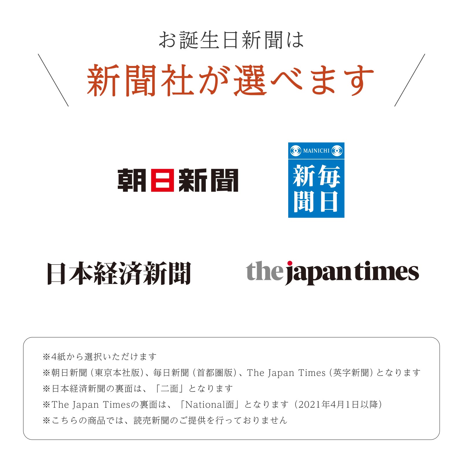 お誕生日新聞は新聞社が選べます 朝日・毎日・日経・ジャパンタイムズ