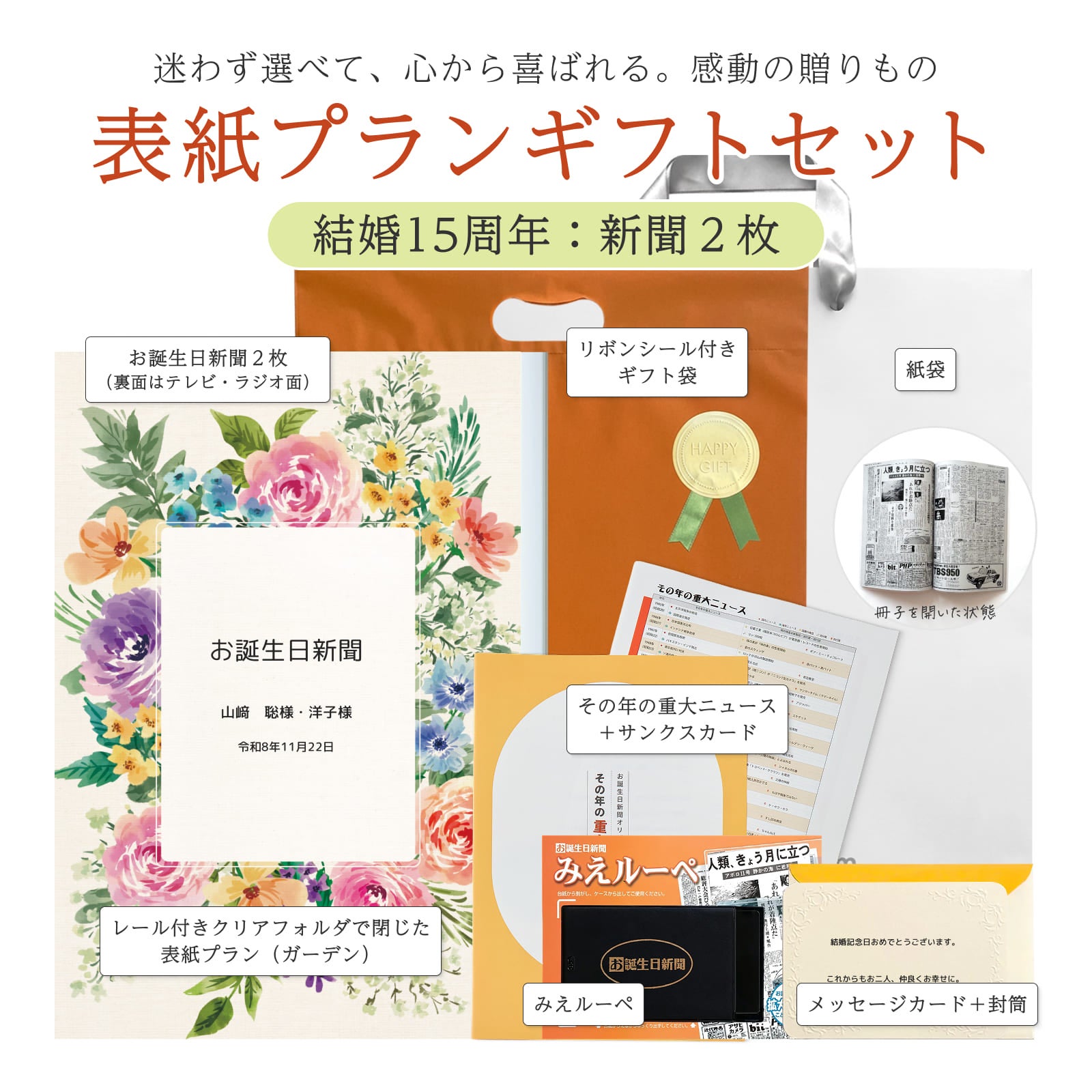 表紙プランギフトセット 結婚15周年：新聞２枚 セット内容詳細