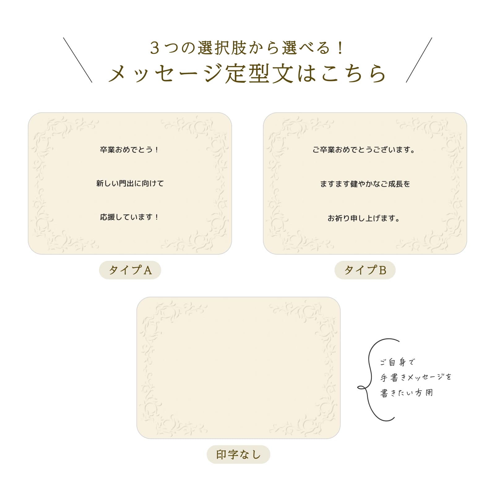 ３つの選択肢から選べるメッセージ定型文（卒業）