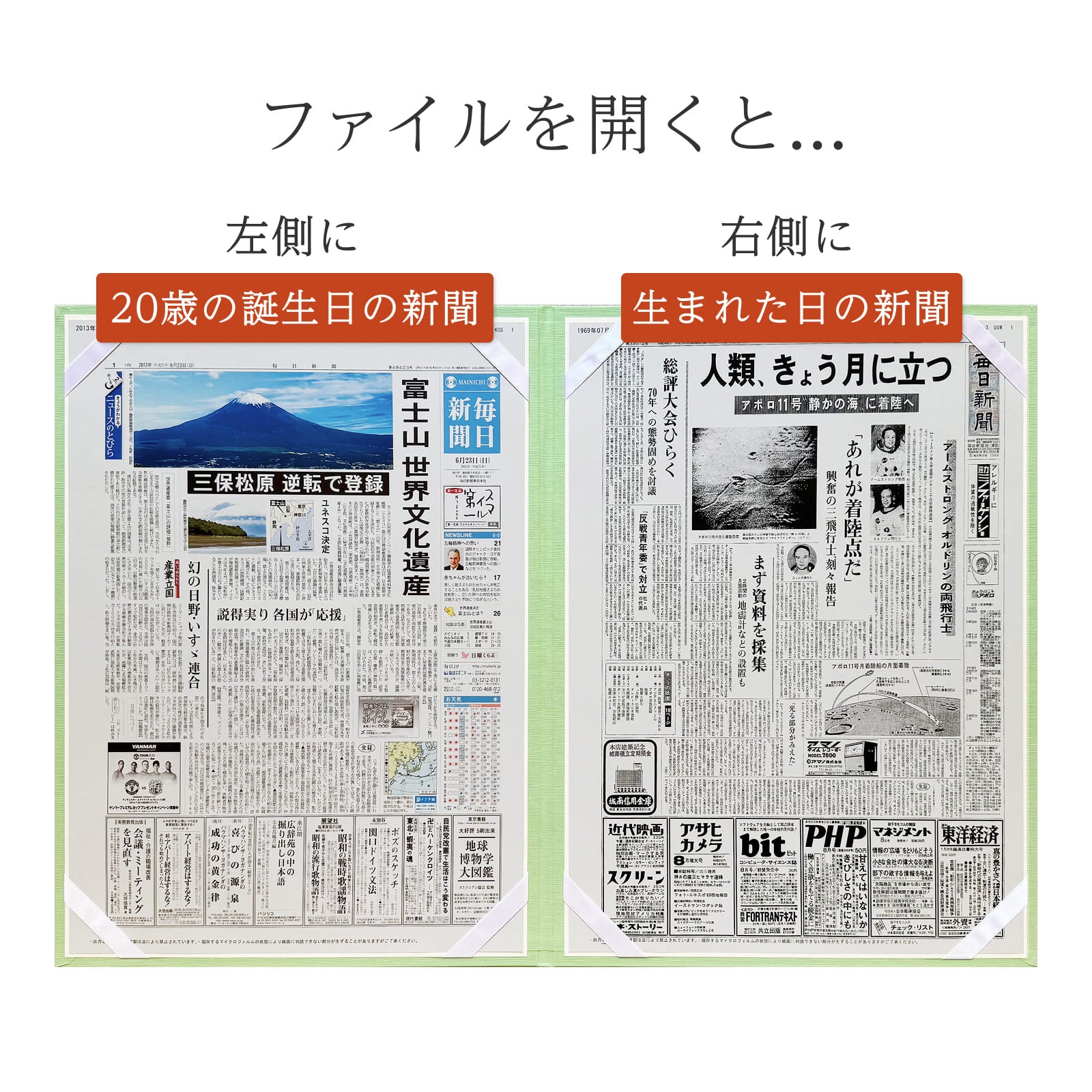 ファイルを開くと左側に20歳の誕生日の新聞、右側に生まれた日の新聞
