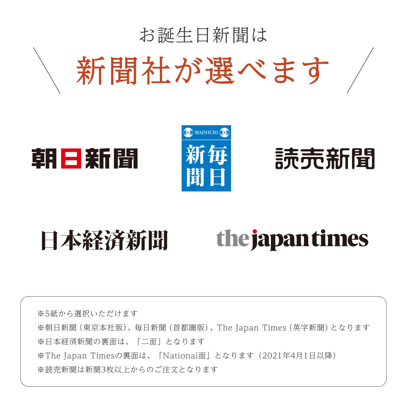 お誕生日新聞は新聞社が選べます（5紙から選択）