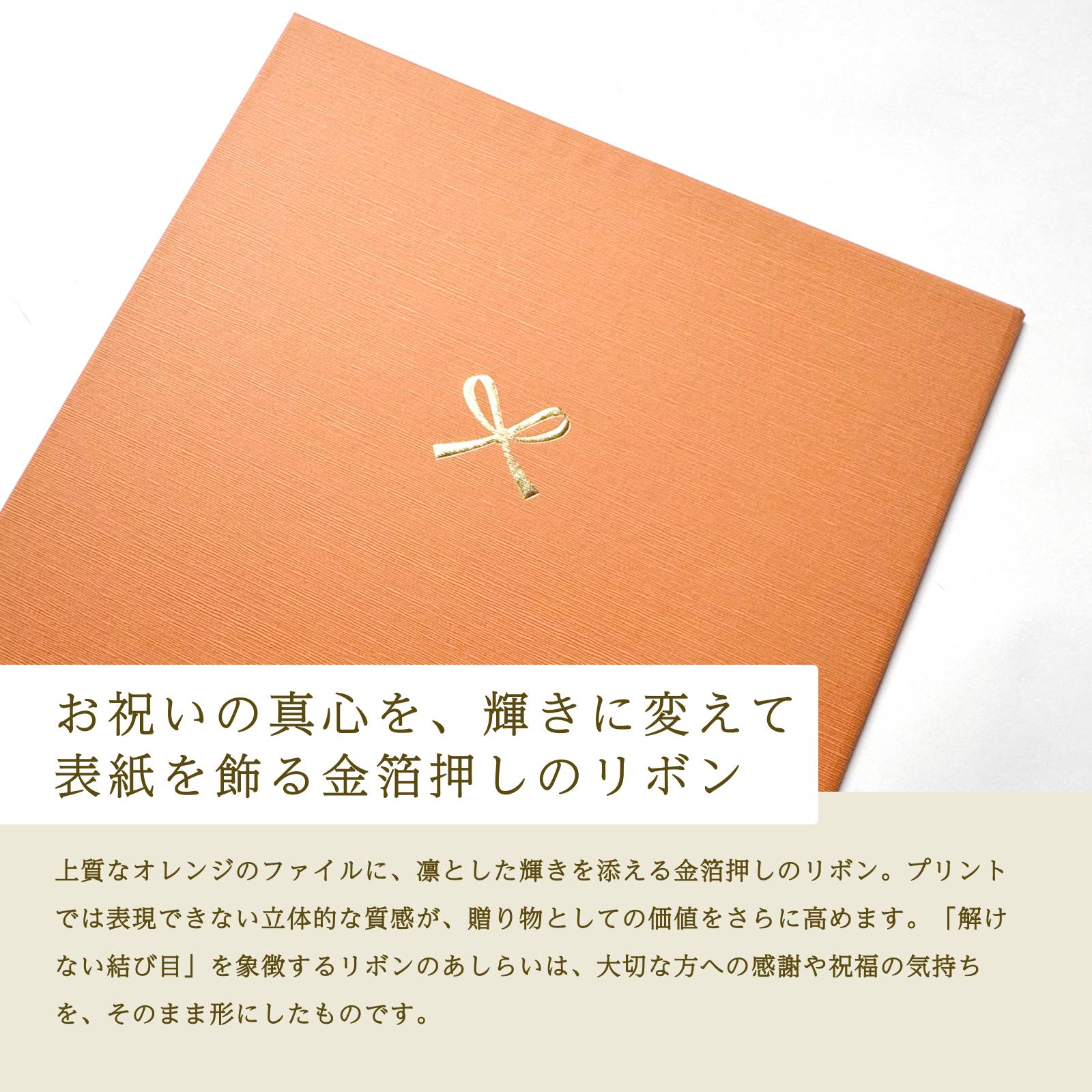 お祝いの真心を、輝きに変えて表紙を飾る金箔押しのリボン
