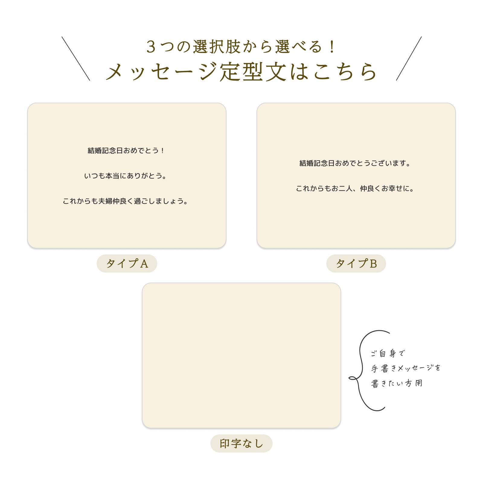 ３つの選択肢から選べる！メッセージ定型文はこちら（結婚記念日用 タイプA・B・印字なし）