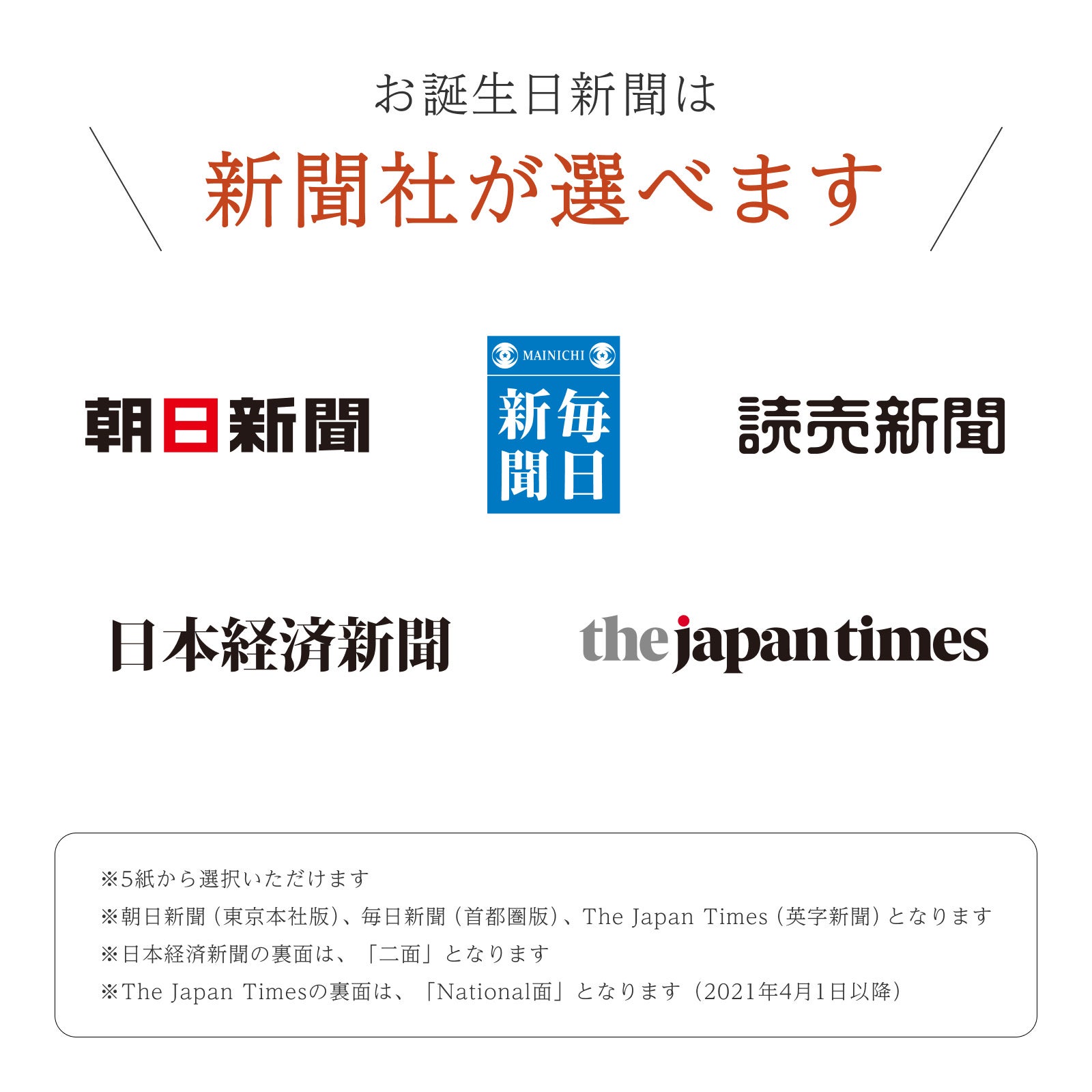 お誕生日新聞は新聞社が選べます（朝日・毎日・読売・日経・Japan Times）