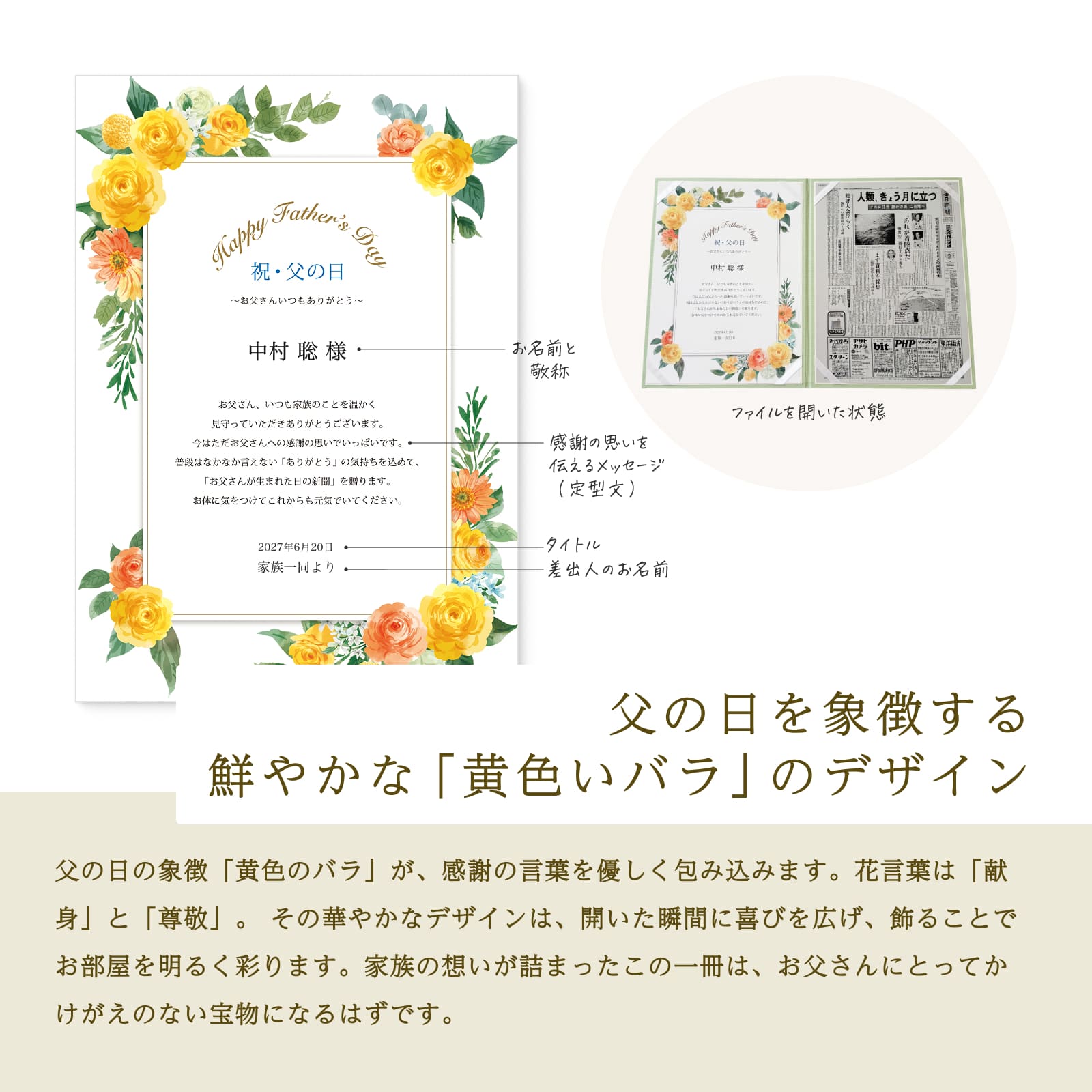 父の日を象徴する鮮やかな黄色いバラのデザイン