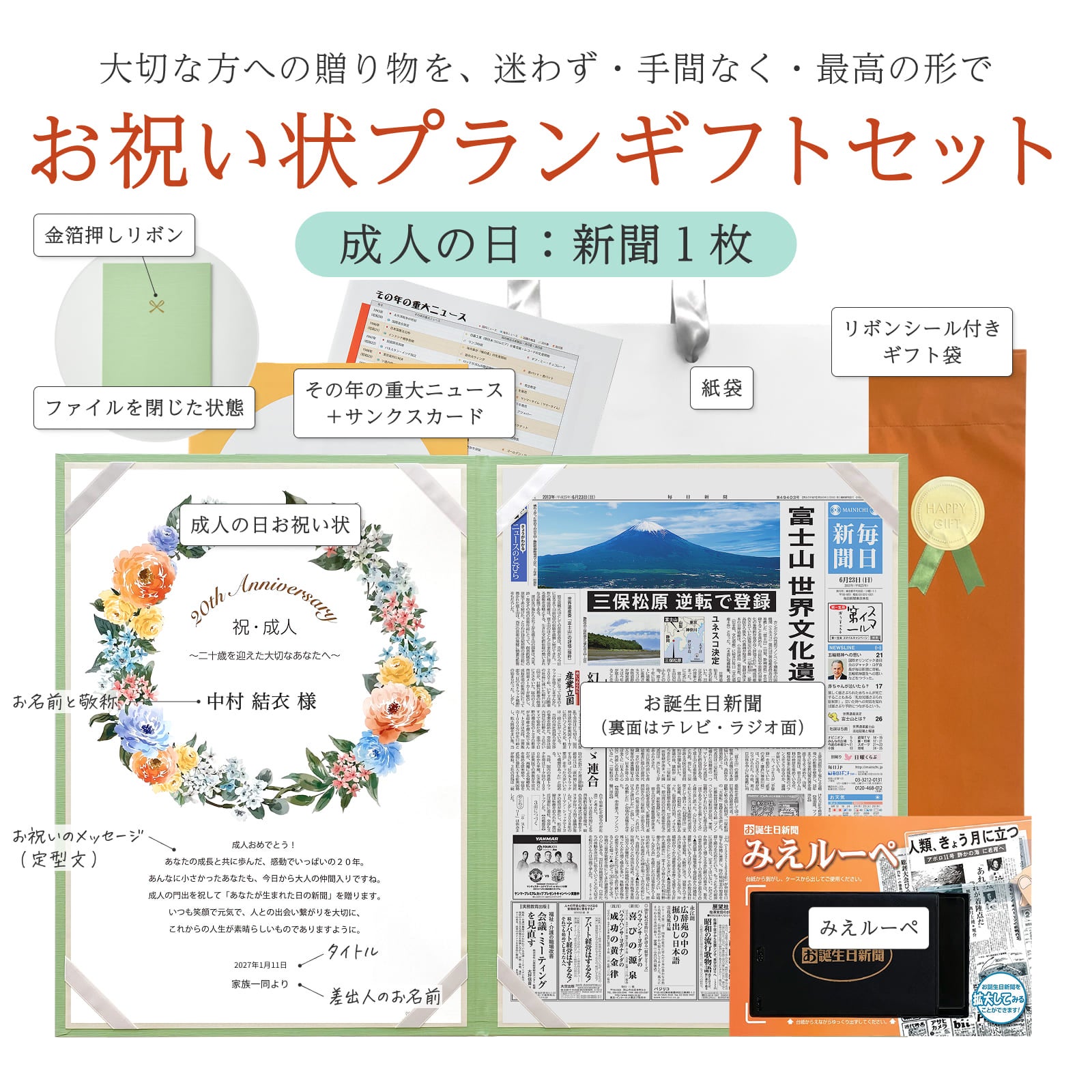 お祝い状プランのセット内容（お祝い状・新聞・みえルーペ等）